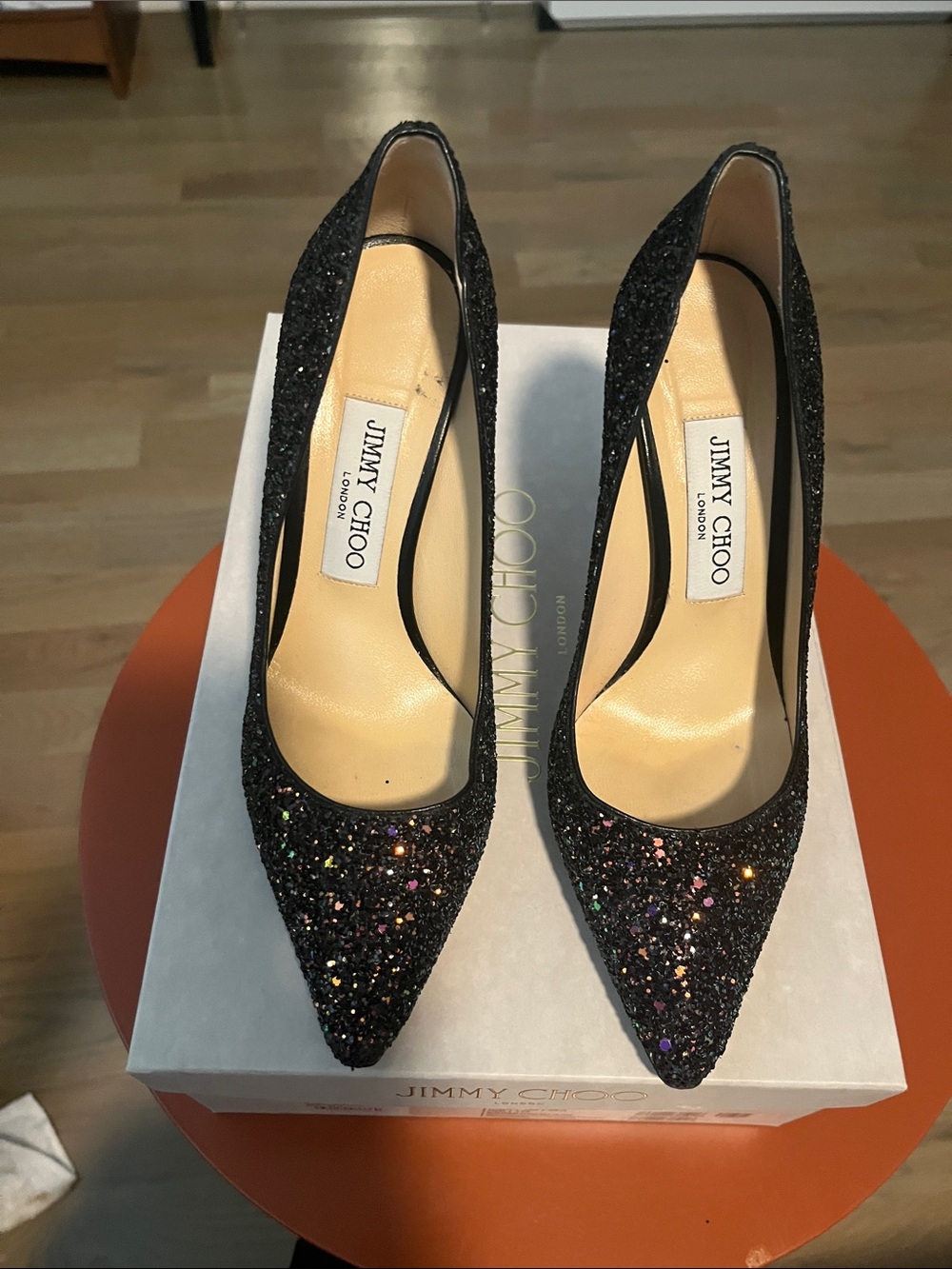 Jimmy Choo Black Glitter Pointed Toe Pumps with Multicolor Sparkle